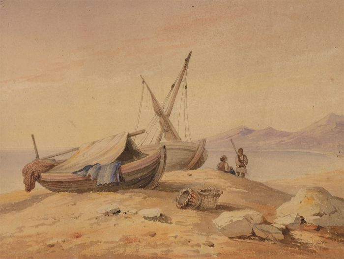 English School 19th Century Watercolour - Fishing Boats on a Beach