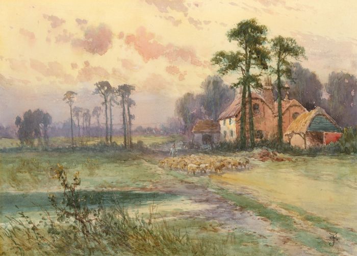 Sidney Yates Johnson (fl. 1890-1926) - Signed Watercolour, Shepherd and Flock