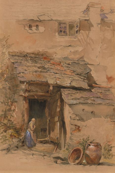 English School 19th Century Watercolour - Cottage and Figure at Clovelly