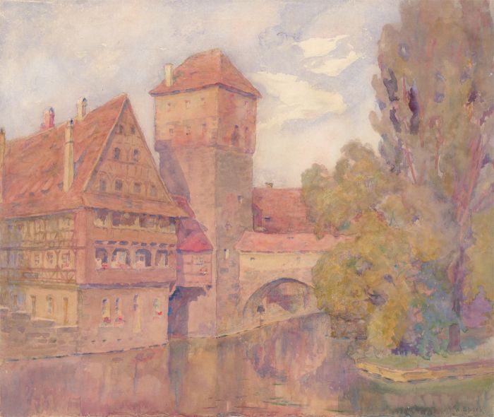 Adelaide Louise Spark - Signed 1933 Watercolour, Buildings on the Rhine
