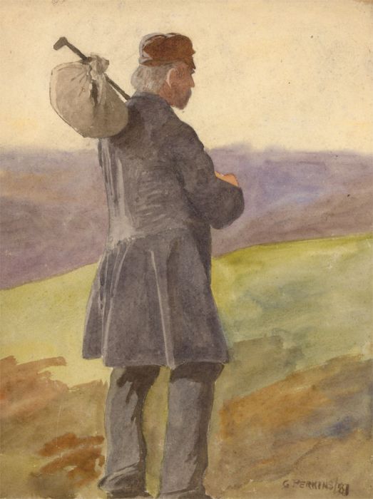 G. Perkins - 1881 Watercolour, Traveller in a Landscape
