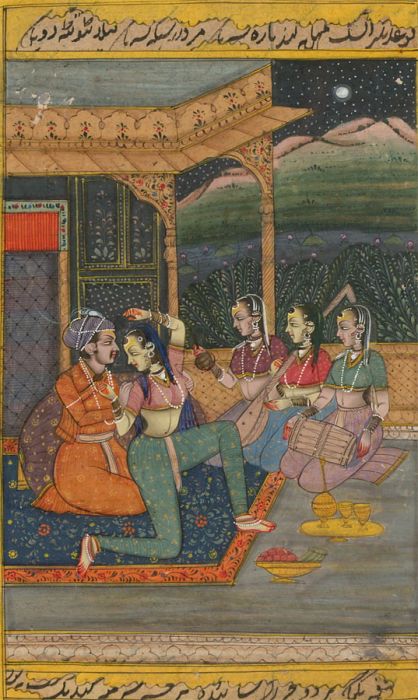 Richly Detailed Mughal 19th Century Gouache - Court Scene