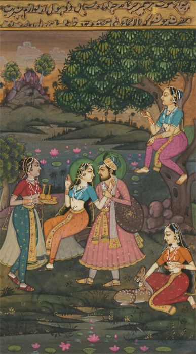 Richly Detailed Mughal 19th Century Gouache - Gathering in a Landscape