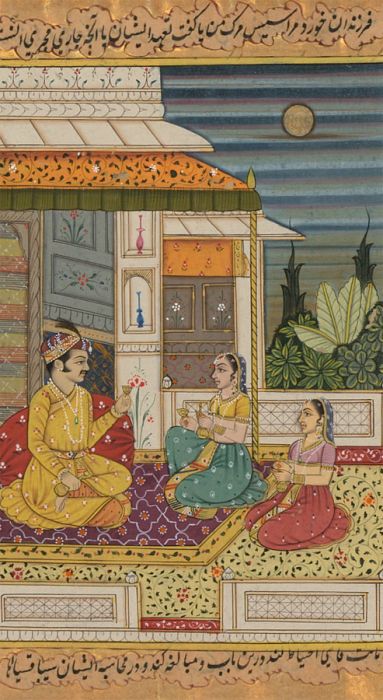 Richly Detailed Mughal 19th Century Gouache - Figures on a Balcony