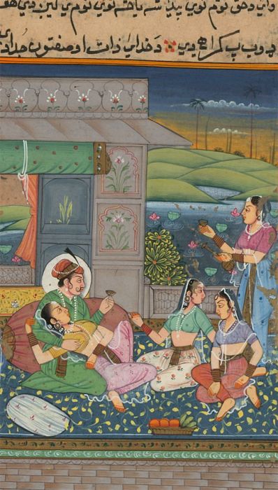 Richly Detailed Mughal 19th Century Gouache - Figures on a Balcony