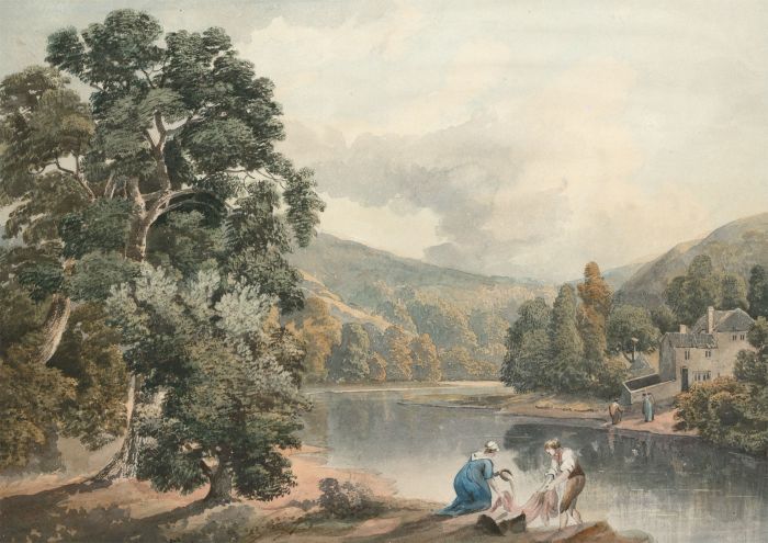 English School 19th Century Watercolour - Landscape with Figures on a River