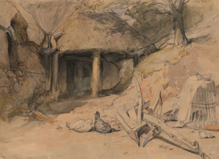 English School Late 19th Century Graphite Drawing - Farmyard View with Chickens