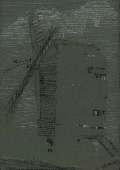 A.H. - 19th Century Pastel, View of a Windmill