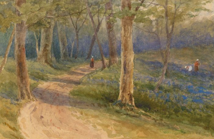 English School 19th Century Watercolour - Bluebell Wood with Figures