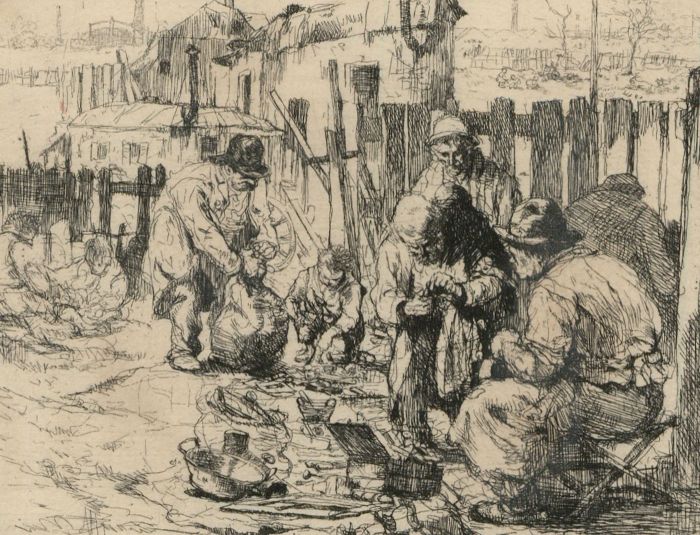 Auguste Brouet (1872-1941) - Original Signed Etching, French Street Sellers