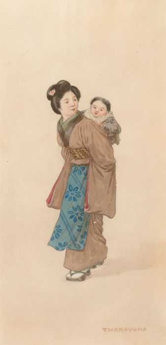Takisha Nakayama (1893-1978) - Japanese Watercolour, Maiden Carrying Baskets