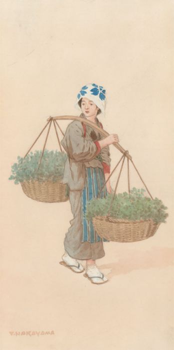 Takisha Nakayama (1893-1978) - Japanese Watercolour, Maiden Carrying Baskets