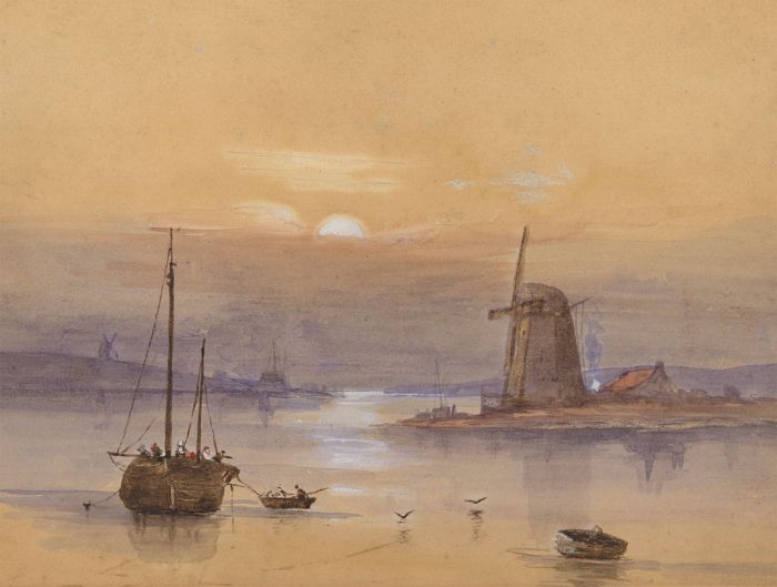 Fine Late 19th Century Watercolour - Dutch Coastal Scene with Windmills