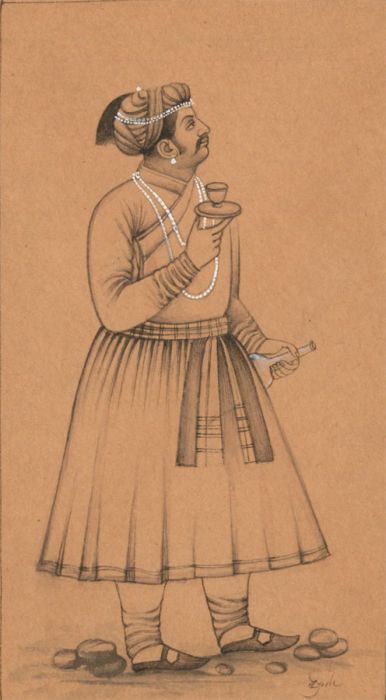 Mughal Contemporary watercolour - Man With Cup and Bottle