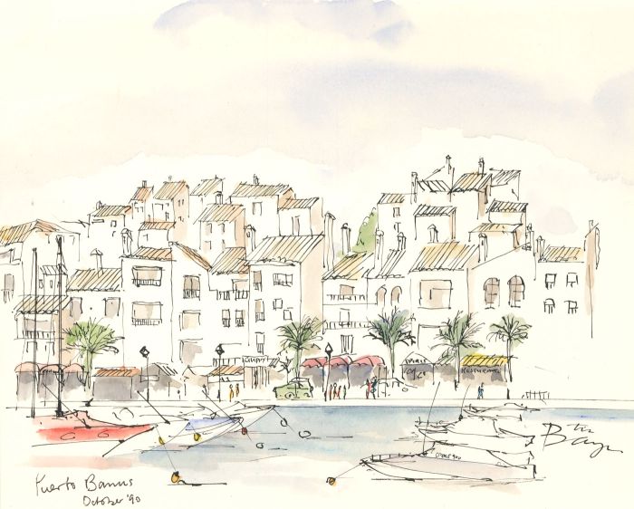 Tim Baynes - 1990 Pen and Ink Drawing, Harbourside Scene, Puerto Banus