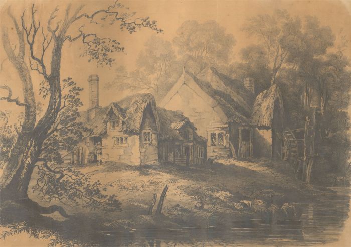 19th Century Graphite Drawing - Cottage and Watermill