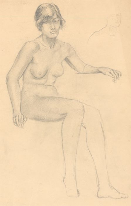 Art Student - Mid 20th Century Graphite Drawing, Female Nude Resting