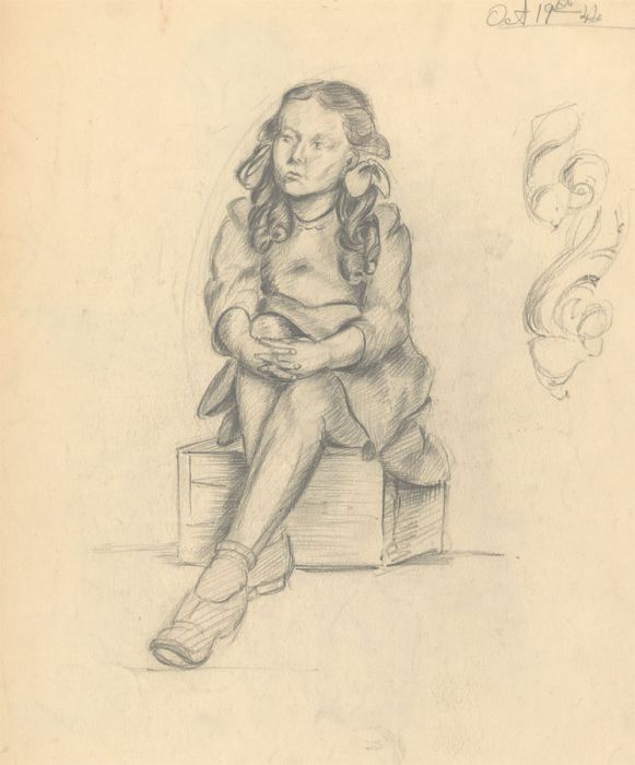 Art Student - Double Sided Mid 20th Century Graphite Drawing, Young Girl Sitting