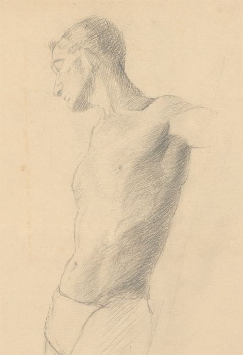 Art Student - Fine Mid 20th Century Graphite Drawing, Male Life Drawing Model