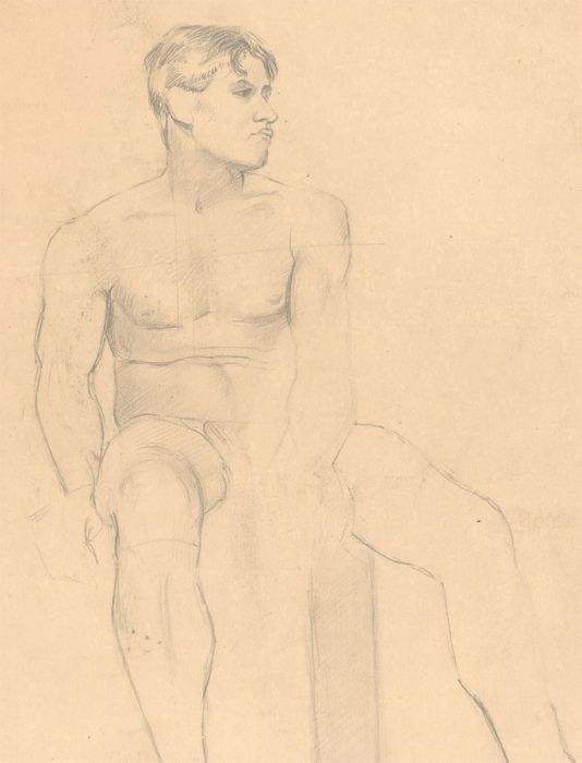 Art Student - Fine Mid 20th Century Graphite Drawing, Male Nude Sitting