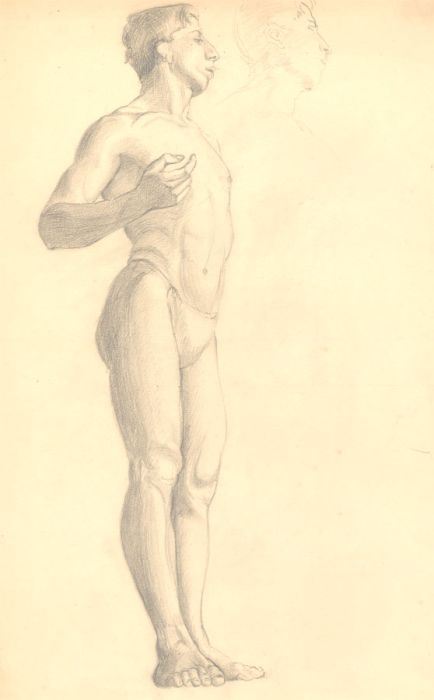 Art Student - Fine Mid 20th Century Graphite Drawing, Male Nude with Raised Arm