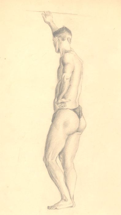 Art Student - Mid 20th Century Graphite Drawing, Leaning Male Nude