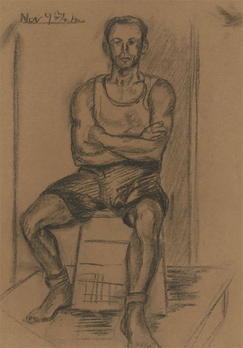 J.B - 1944 Charcoal Drawing, Man Proudly Sitting