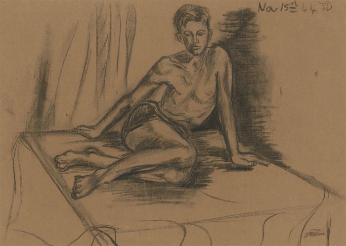 J.B - 1944 Charcoal Drawing, Male Nude Reclining