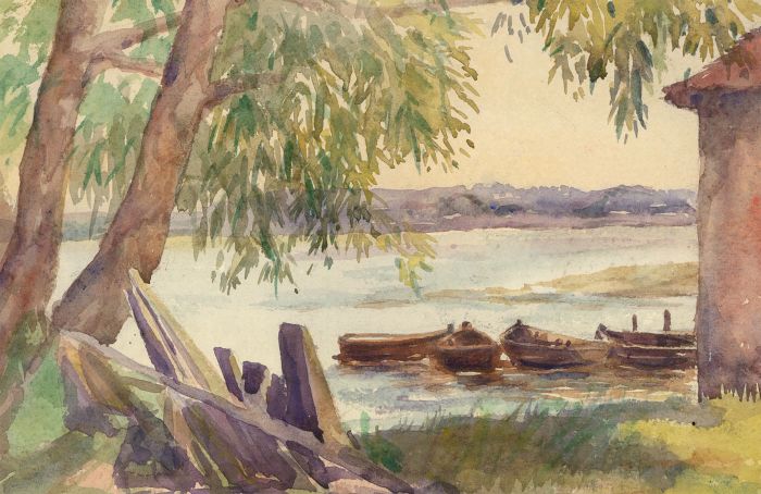 Elsie K.S Powell (1895-1975) - Watercolour, Coastal Landscape with Rowing Boats