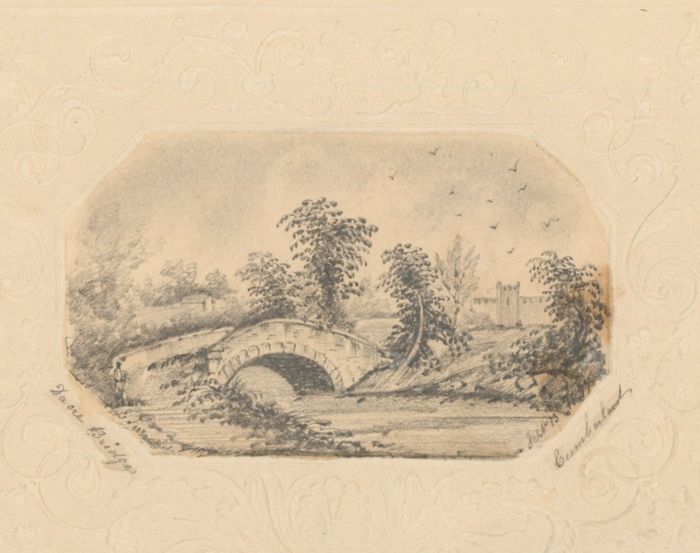E. Turner - 1847, Page From a Victorian Scrapbook, Stone Bridge Over a River