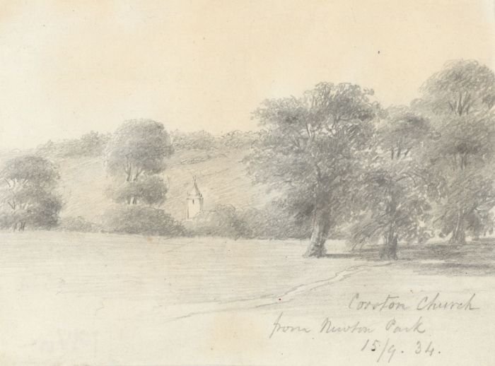 W. Jeffs - Fine 1834 Graphite Drawing, Corston Church from Newton Park