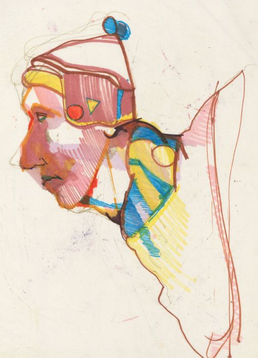 Brian Liddle - Contemporary Pen and Ink Drawing, Portrait in Blue and Yellow
