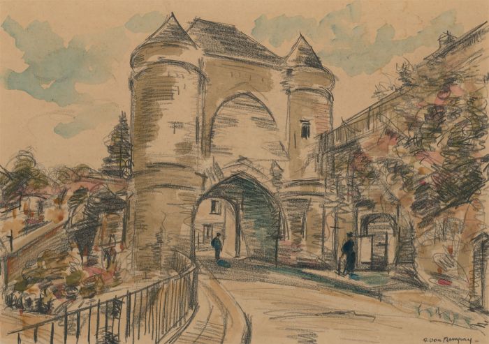 Van Rompay - 20th Century Charcoal Drawing, City Gateway