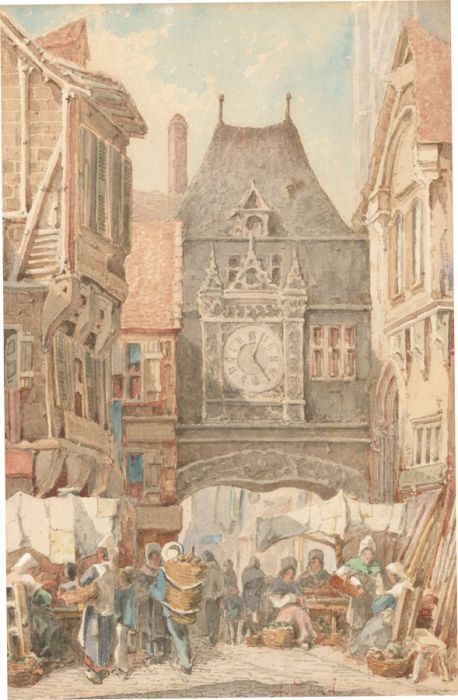A. Cardinal - 19th Century Watercolour, Market Scene Before the Gros Horloge