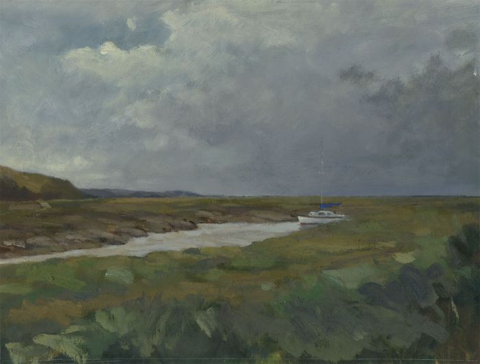 John Godfrey - Contemporary Oil, Sailing Yacht in Marshland