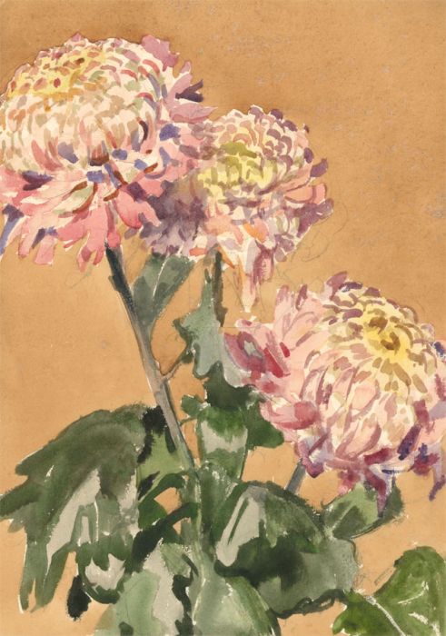 Mid 20th Century Watercolour - Pink Dahlias