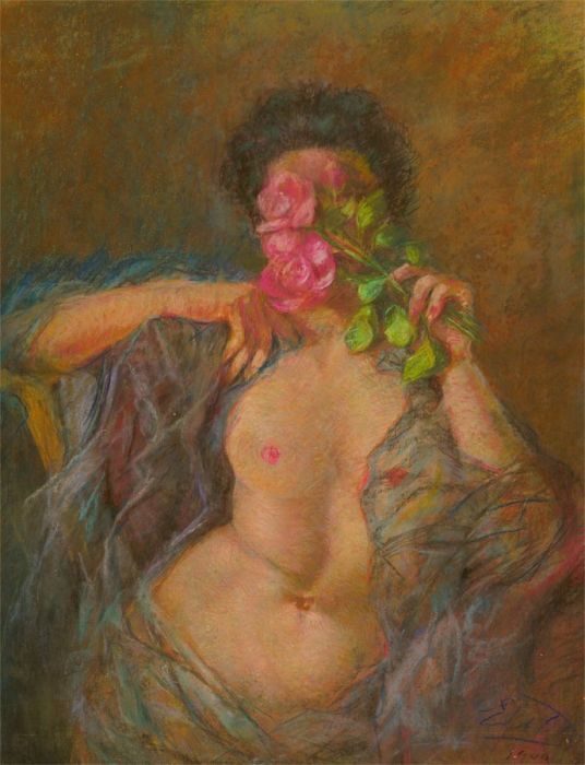 Signed French School 1949 Pastel - Female Nude with Rose