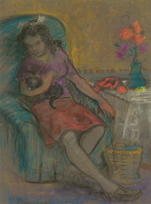 Frederick William George (1889-1971) - Pastel, Portrait of a Girl with Cat