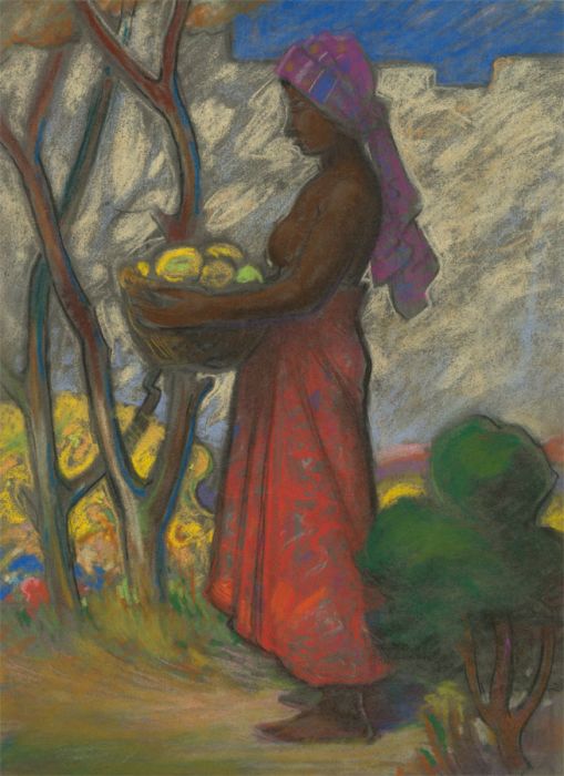 Frederick William George (1889-1971) - Naive Pastel, Woman Carrying Fruit