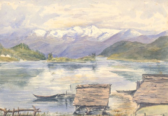 1892 Watercolour - Lake Scene with Mountains Beyond