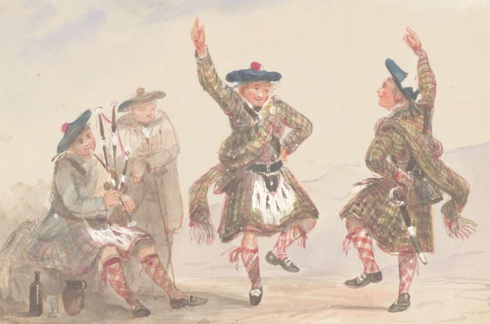 Scottish School Late 19th Century Watercolour - Scottish Dancers in a Landscape