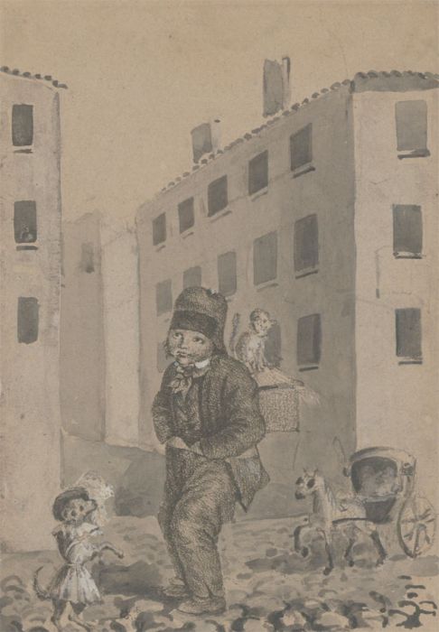 Early 20th Century Lithograph - Boy and Animals in a Street