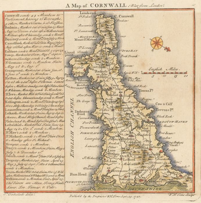W. H. Toms after Thomas Badeslade - 1742 Engraving, Map of Cornwall