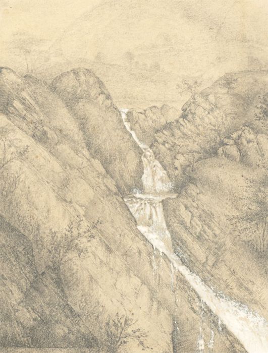 English School Late 19th Century Graphite Drawing - Waterfall Alpine Landscape