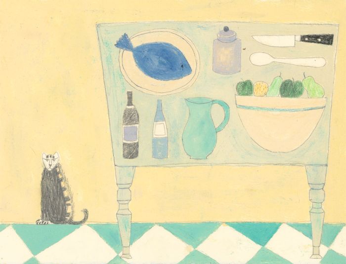 Modern British School Contemporary Gouache - Table Stop Still Life with Cat