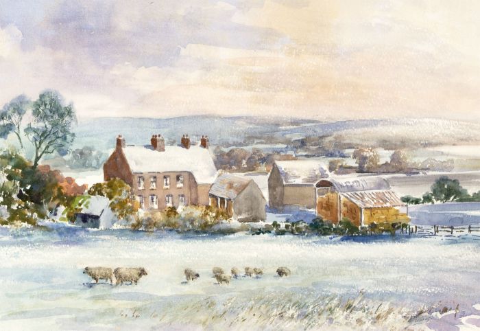 Contemporary Watercolour - Winter Farm with Sheep