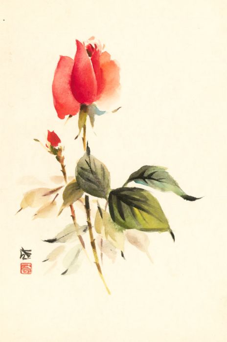 Chinese Style Contemporary Watercolour - Rose Still Life