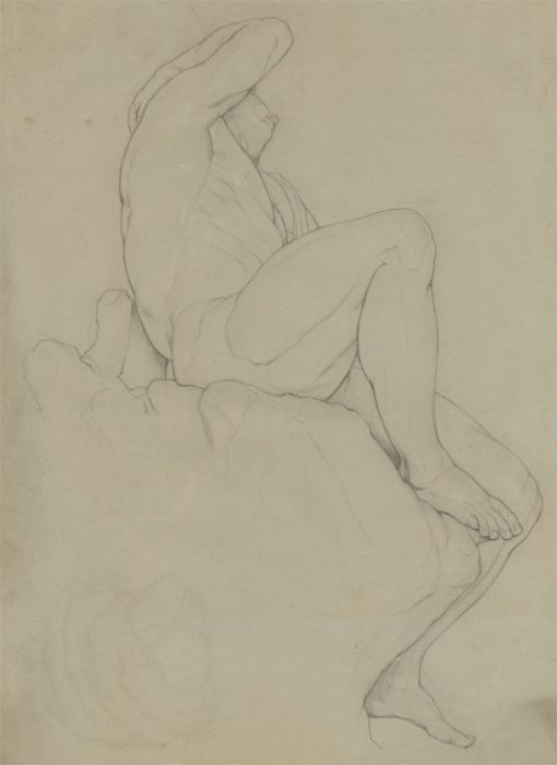 20th Century Graphite Drawing - Male Nude on a Rock