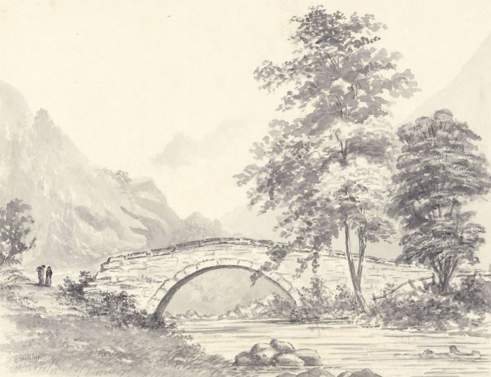 Theresa Hoblyn - Monochrome 19th Century Watercolour, Alder Bridge, North Wales