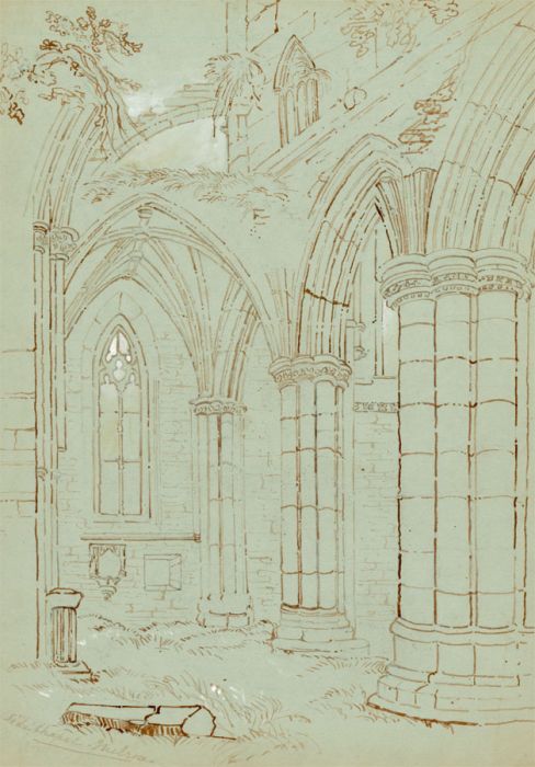 Early 20th Century Pen and Ink Drawing - Church Interior Ruins